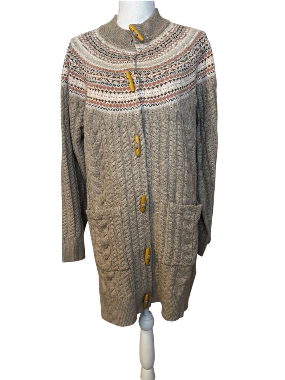 Draper James Fair Isle Taupe Toggle Sweater Coat Cashmere Blend Long Size Large